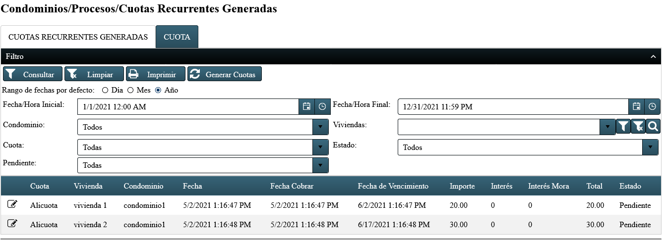 OCEN Cno Cuotas Recurrentes Generadas